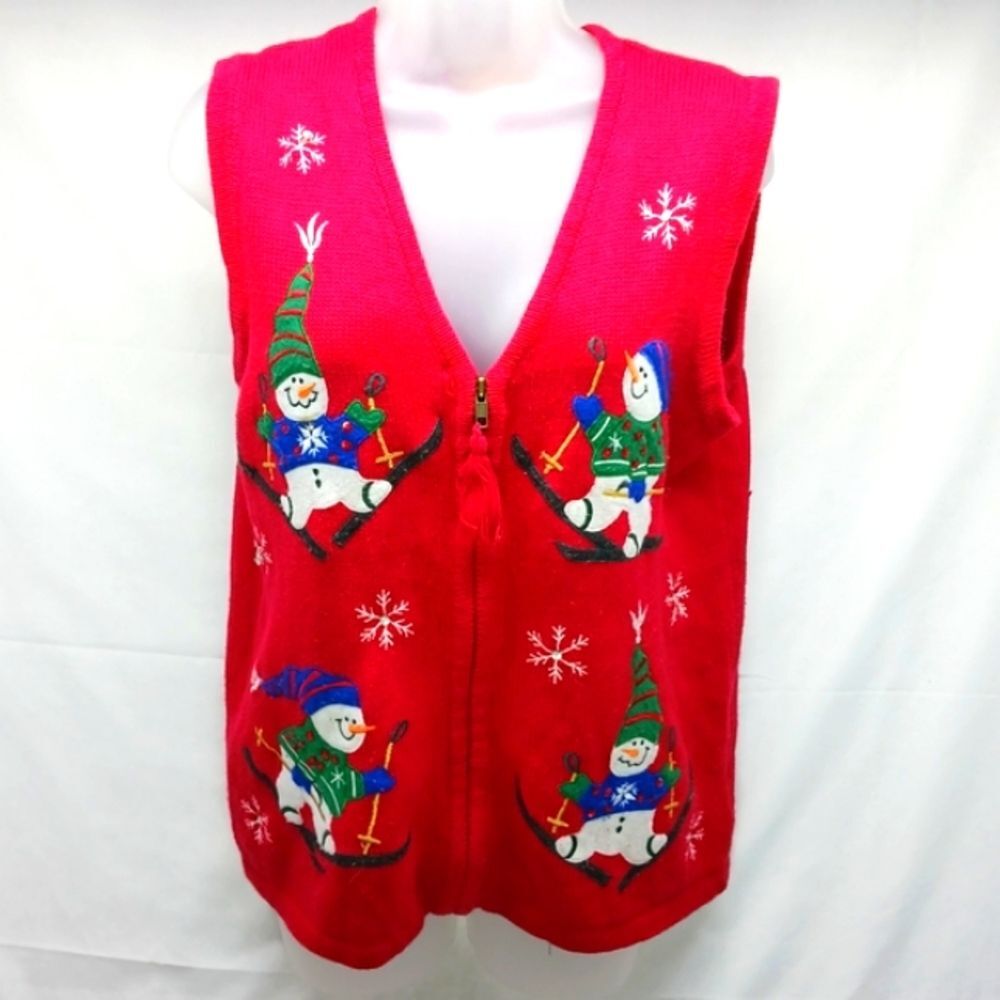 Bobbie Brooks Skiing Snowman & Snowflake Knit Zip-Up Vest Red Embellished Large.